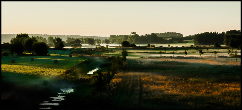 Ranní světlo, louky, Klempenow, 2013, Burg Klempenow, Německo