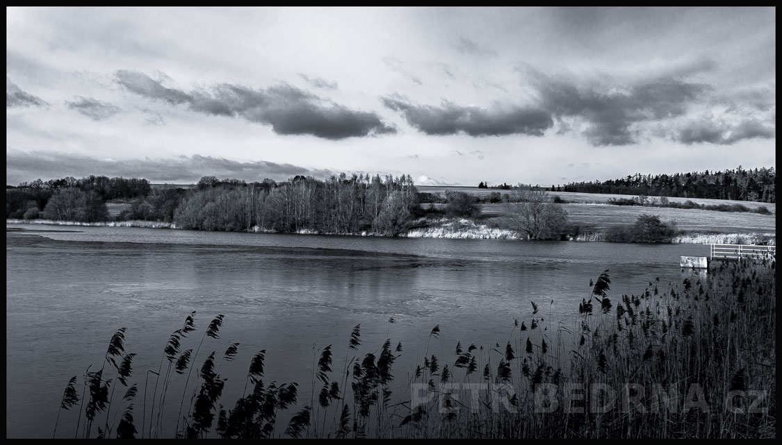 Zamrzlý Plchovský rybník, pohled od hráze, Pozdeň, Plchov, příroda, pole, oblaka, obzor, stromy, Česko