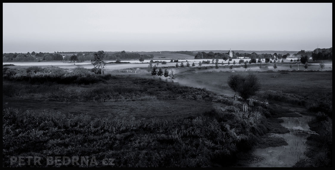 Hrad na obzoru, Burg Klempenow, stromy, příroda, krajina, mlhový opar, Německo