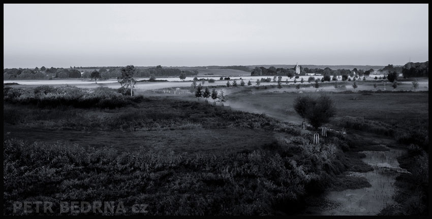 Hrad na obzoru, Burg Klempenow, stromy, příroda, krajina, mlhový opar, Německo