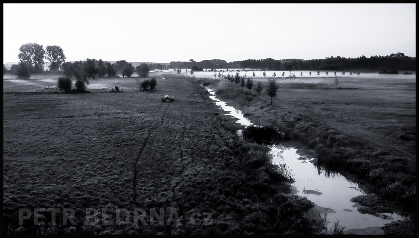 Mlha, louky, potok, Klempenow, stromy, příroda, krajina, mlhový opar, Německo