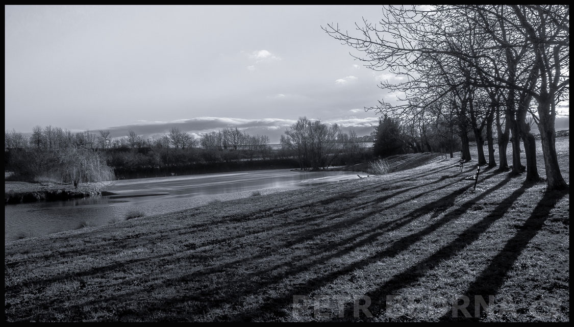 Stíny u přehrady Hostouň, Dobrovízský potok, Hostouň, Kladno, stromy, příroda, obloha, krajina, rybník, koupaliště, Česko