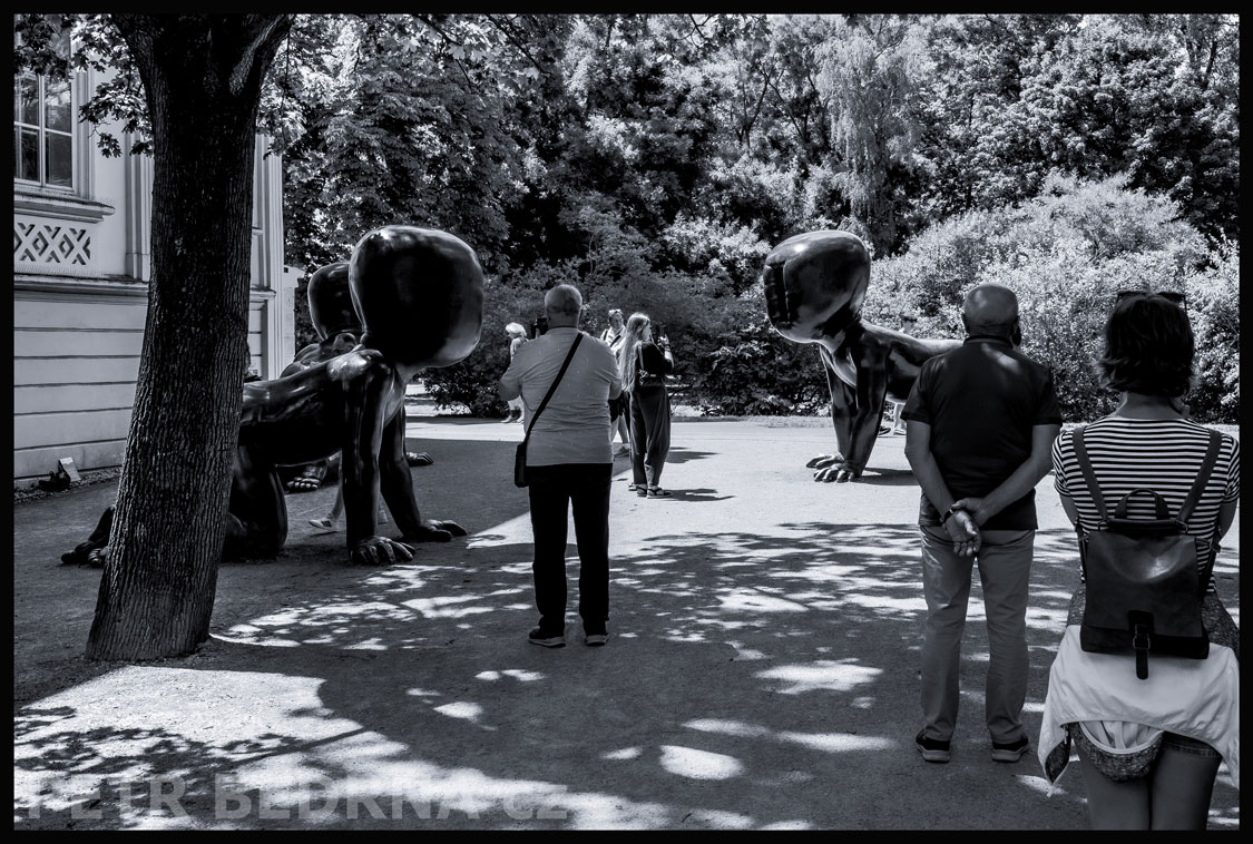 Miminka, stromy a lidé na Kmapě, Kampa, Praha, David Černý, sochy, park, street foto, Česko