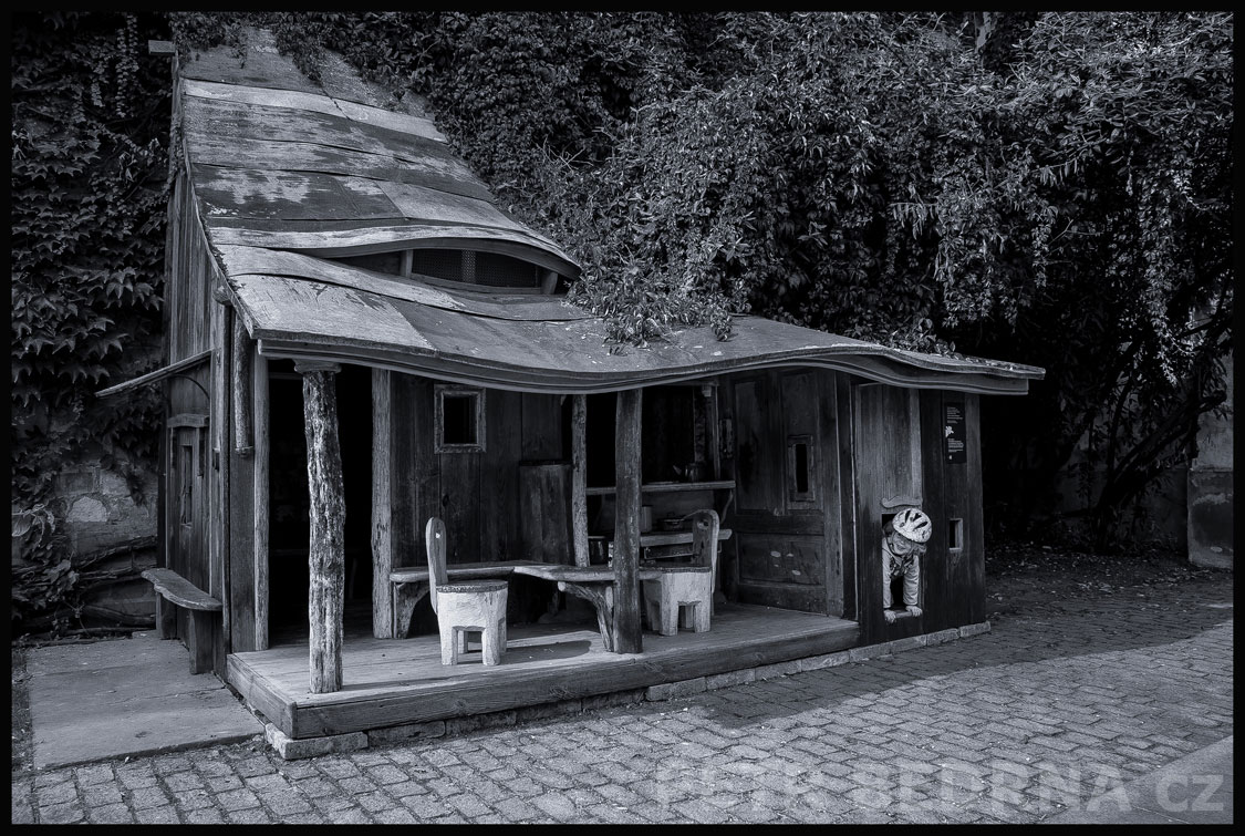 Přístěnek a malý vykuk, Anežský klášter, Praha, František Skála, street foto, socha, turisté, Česko