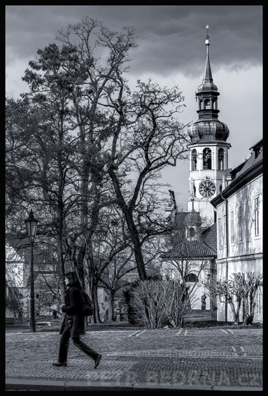 Dívka v poklusu, Loreta, Loretánská ulice, Praha, Hradčany, street foto, žena, stromy, historická památka, Česko
