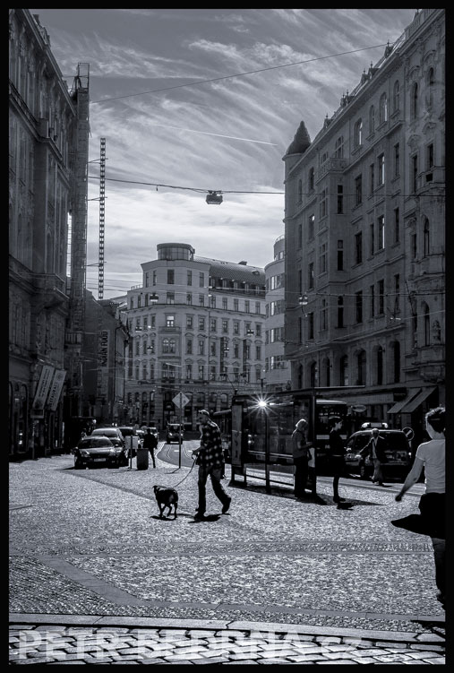 Pán s psíčkem na rušné ulici, Praha, Vodickova ulice, street foto, ulice, obloha, oblaka, Česko