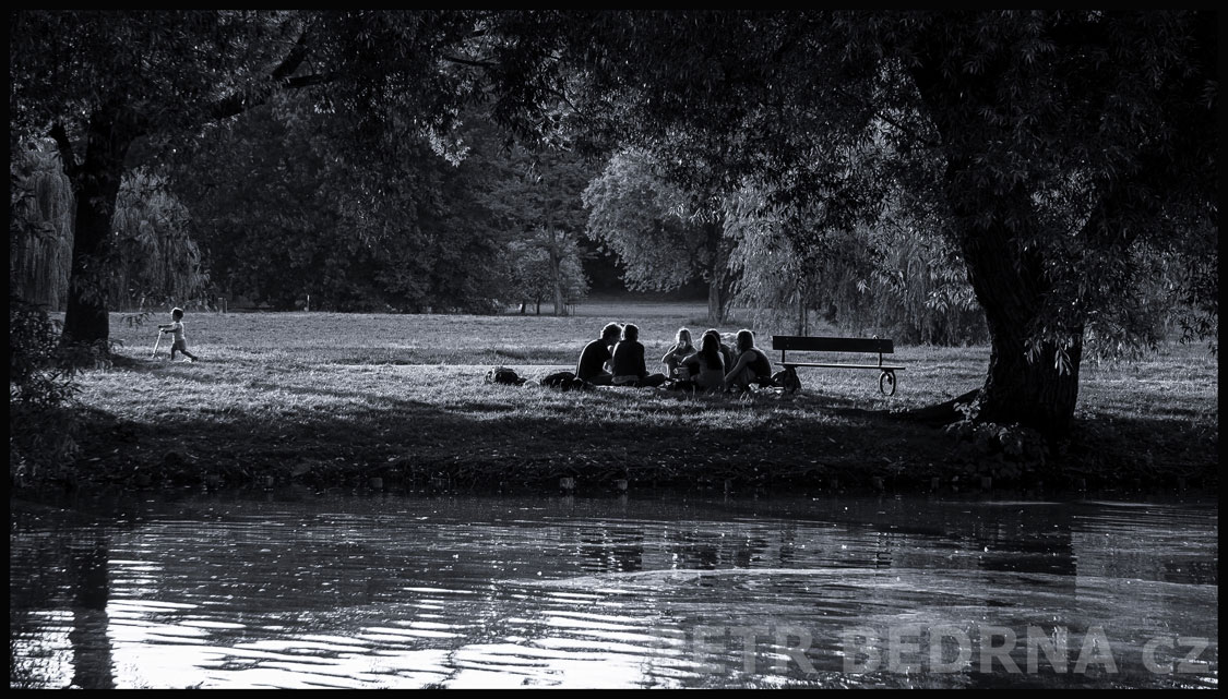 Rybník Rozinek a chlapec s koloběžkou, Praha, Stromovka, street foto, park, stromy, turisté, Česko