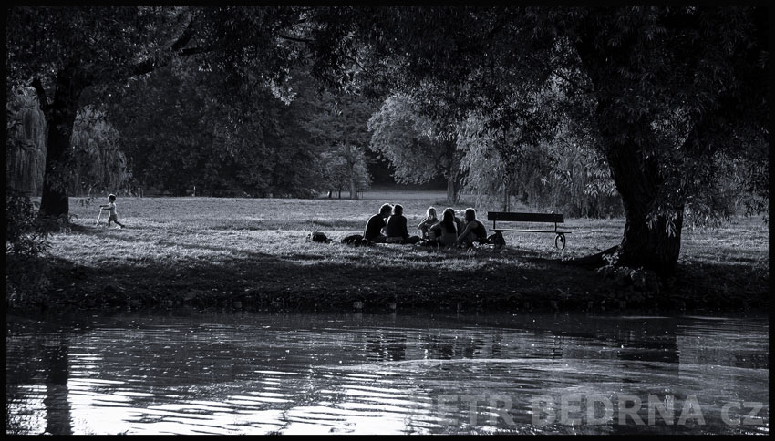Rybník Rozinek a chlapec s koloběžkou, Praha, Stromovka, street foto, park, stromy, Česko