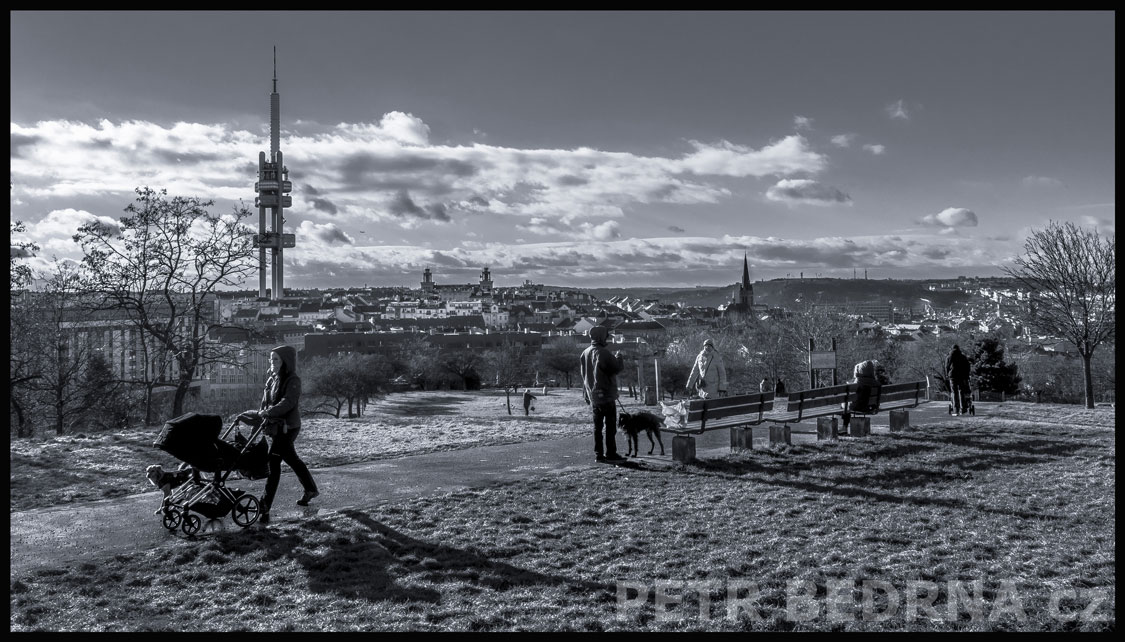 Žižkovská věž z Parukářky, Praha, Žižkov, Parukářka, street foto, město, oblaka, obzor, park, turisté, Česko