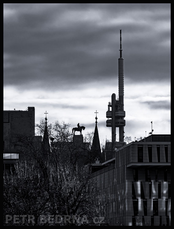 Žižkovská věž, Jan Žižka - socha, Praha - Vítkov, architektura, Praha Karlín, stromy, obloha, Česko