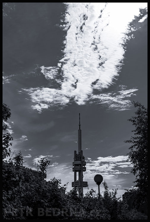 Žižkovská věž pod padajícím andělem, Praha - Žižkov, mraky, obzor, stromy, Česko
