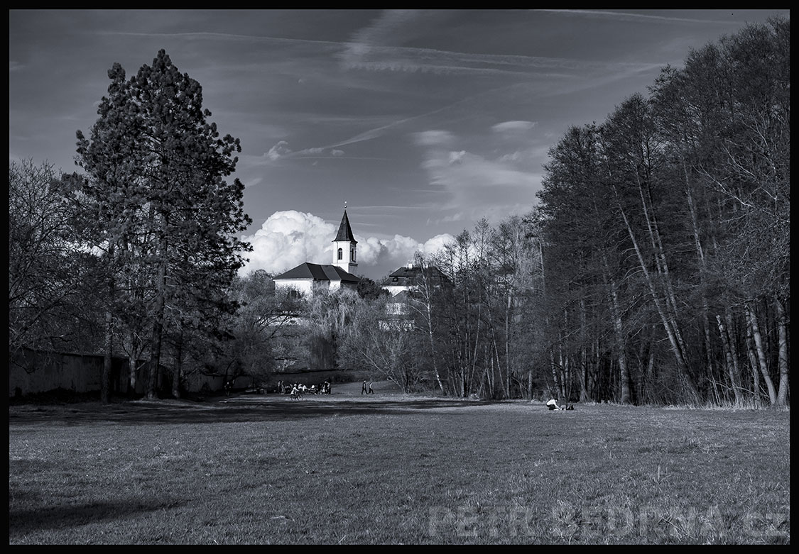 Kostel sv. Fabiána a Šebestiána, louka, obora Hvězda, Praha - Liboc, Klasicistní architektura, stromy, park, Česko