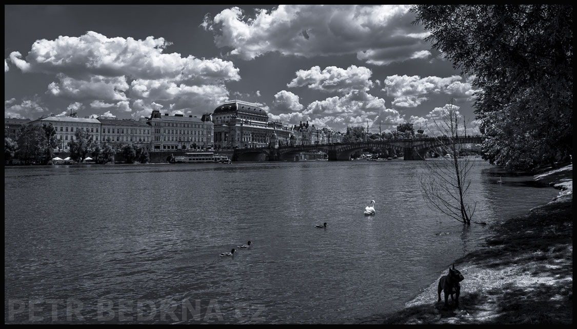 Národní divadlo, Smetanovo nábřeží, Vltava, Střelecký ostrov, Praha, historické budovy, mraky, Česko